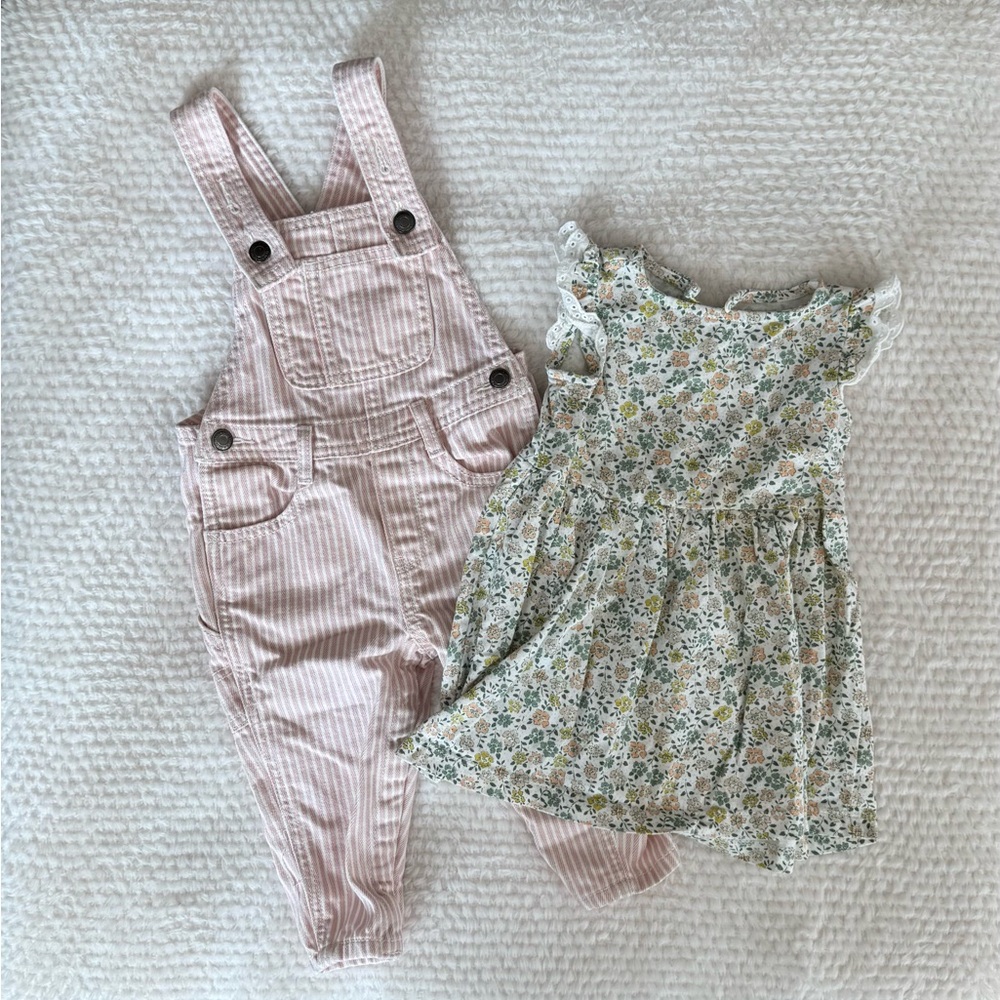 Pink striped overalls & floral print dress - Set of 2